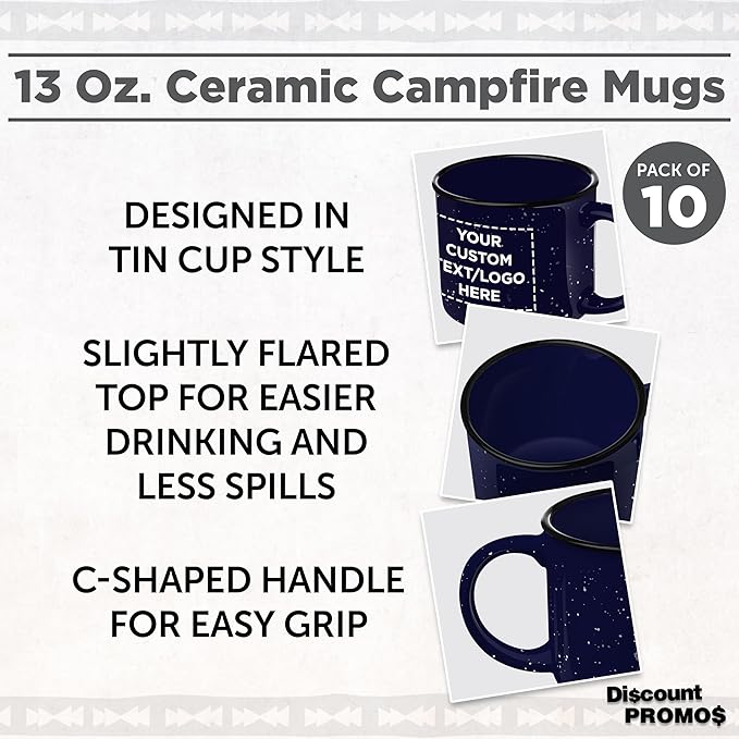 DISCOUNT PROMOS Custom Ceramic Campfire Coffee Mugs 13 oz. Set of 10, Personalized Bulk Pack - Perfect for Tea, Espresso, Cappuccino, Hot Cocoa - Blue-Ruum Studio Home