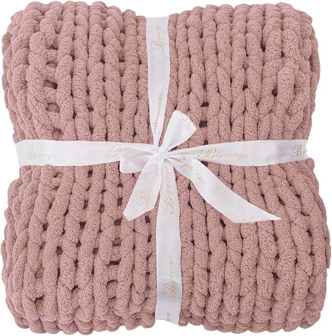 Bigacogo Chunky Knit Throw Blanket for Couch, 40x80 inches, 100% Hand Knitted with Thick Jumbo Chenille Yarn, Cozy Soft Large Rope Knot Cable Crochet Blankets for Sofa Bed Living Room, Dusty Pink-Ruum Studio Home
