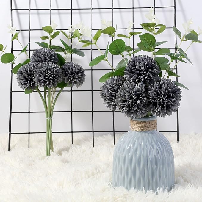 Kimura's Cabin 20Pcs Faux Mums Flowers Artificial Silk Chrysanthemums Fake Ball Flower for Halloween Fall Home Kitchen Table Decor Arrangement Decoration Bouquets (Grey Black)-Ruum Studio Home