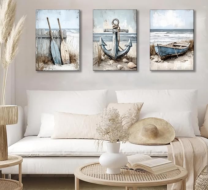 3Pcs Coastal Beach Canvas Wall Art Sailboat Paddle And Anchor Paintings Pictures Wall Decor Nautical Posters Prints Artwork Suitable for Living Room Bedroom Home Office Corridor Home Decroation-Ruum Studio Home