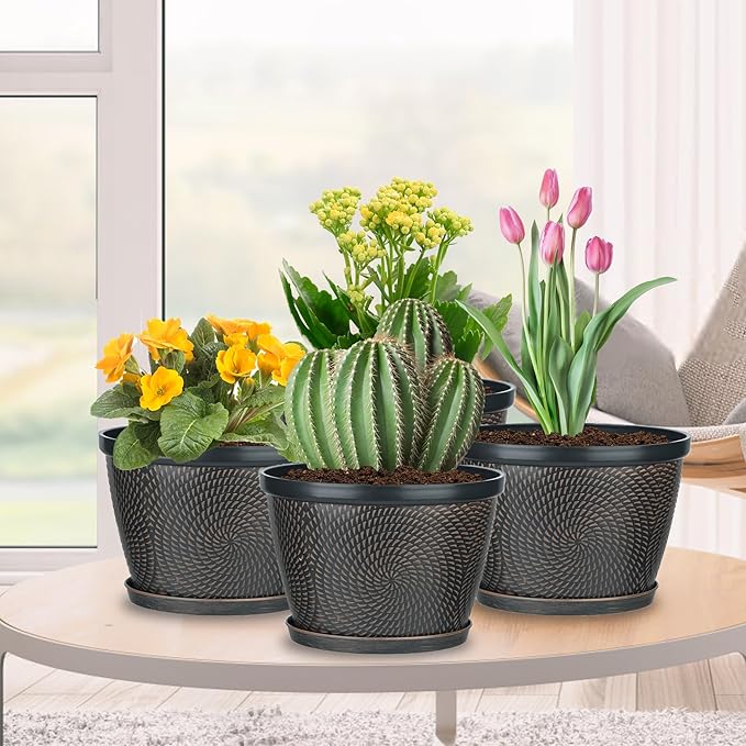 Quarut 4 Pack 8 Inch Flower Pots for Outdoor Indoor, Plastic Plant Pots with Drainage Hole & Saucer, Lightweight Small Flower Pot, Circle Pattern Planters for Garden House planters（Black Copper）-Ruum Studio Home