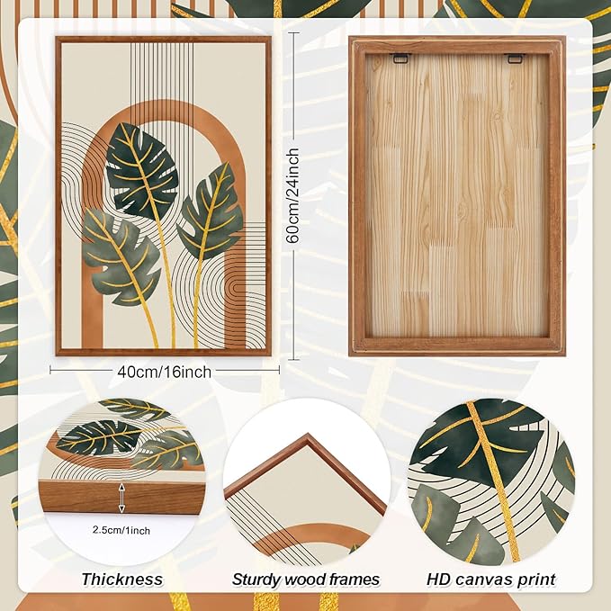 KAIRNE Boho Canvas Wall Art,Tropical Palm Leaf Wall Decor,Mid-Century Geometric Illustrations Set of 3(16”X24”),Abstract Line Pictures,Modern Botanical Prints for Living Room Bedroom Dining Room Decor-Ruum Studio Home