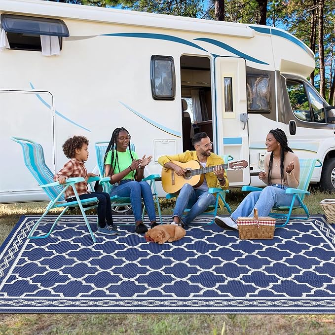 GAOMON Outdoor Rug 9'x12' Waterproof Rug for Patio Decor, Foldable Reversible Plastic Straw Area Rugs Mat for Camper, Outside Carpet for Deck, Porch, Picnic, Beach, Navy/White(Geometric)-Ruum Studio Home