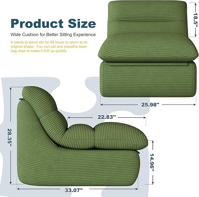 Misolant Bean Bag Chairs，Big Corduroy Fabric Sofa Bean Bag Chair for Adults and Teens with High-Resilience Sponge, Non-Slip Base Floor Lounge Sofa for Home, Living Room, Bedroom, Gaming Green-Ruum Studio Home