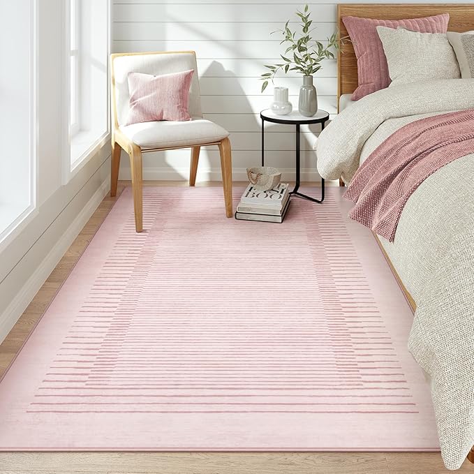 Wonnitar Washable Striped Living Room Area Rug 5x7, Non-Slip Berber Stripe Pink Area Rugs for Bedroom Girls, Low Pile Soft Large Throw Carpet for Kids Nursery Room (Pink,5' x 7')-Ruum Studio Home