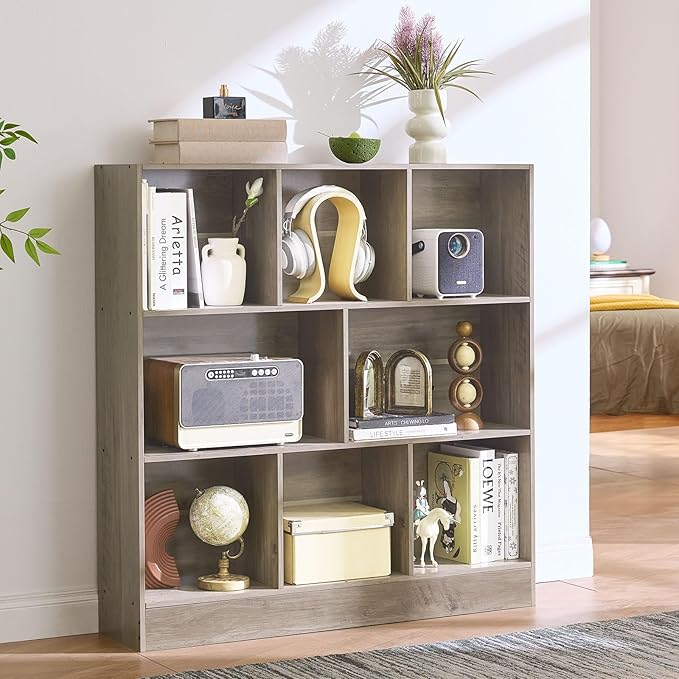 LEYAOYAO 8 Cube Bookshelf with Base,3 Tier Mid-Century Modern Grey Bookcase,Standing Wide Bookshelves Storage Organizer Shelf,Rustic Wood Display Cabinet Book Shelves for Bedroom,Living Room,Office-Ruum Studio Home