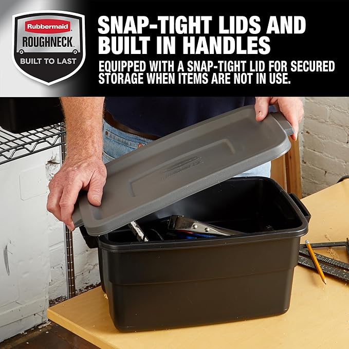 Rubbermaid Roughneck Tote 3 Gal, 6 Pack, Made in USA, Black & Gray, Rugged Plastic Stackable Storage Bins with Lids and Handles-Ruum Studio Home