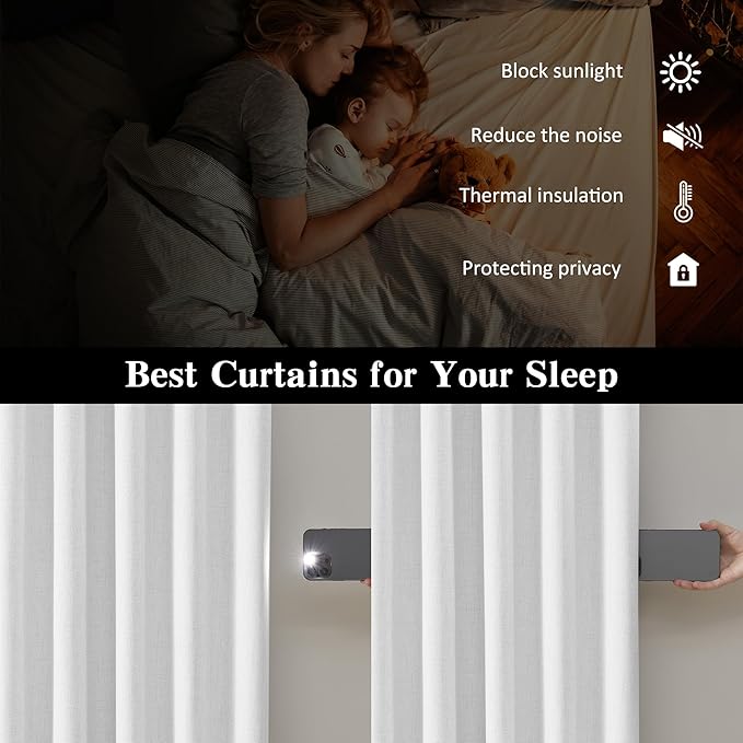RAIN CITY Snow White Blackout Curtains 94 Inch Long Room Darkening Back Tab Linen Drapery Hook Curtains Patio Door 2 Panels 50 Wide 94 Length-Ruum Studio Home