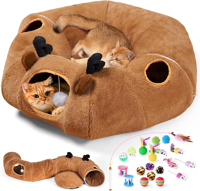 Odoland Reindeer Cat Tunnels Bed with 20 Kitten Toys for Indoor Cats, Plush Cats Couch Tunnel Bed - Kittens Cave Donut Tunnel - Detachable Soft Cat Bed and Variety Kitty Toy Set-Ruum Studio Home