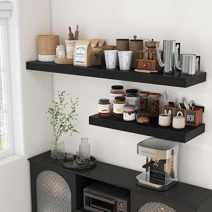 Black Floating Shelves for Wall - 55 Inch Wide x 12 Inch Deep Wall Shelves Set of 1 - Rustic Black Wood Shelves for Living Room, Bathroom, Laundry Room, Bedroom, Kitchen, Home Office-Ruum Studio Home