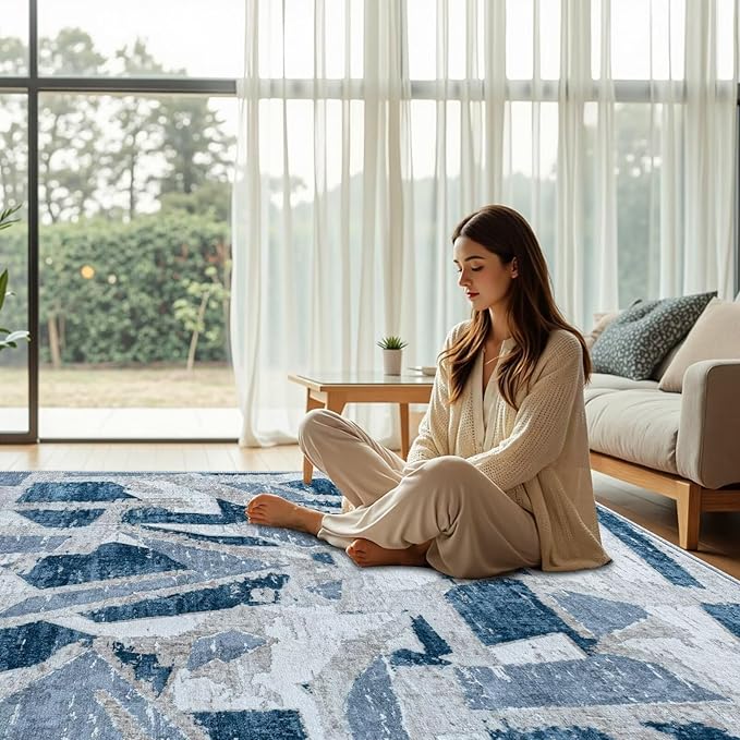 Modern Abstract Blue 5X7 Area Rug for Living Room Bedroom Washable, with Non-Slip Rubber Backing Print Faux Wool Thin, Throw Large Carpet for Kids Playroom Dining Room Pet & Child Friendly-Ruum Studio Home