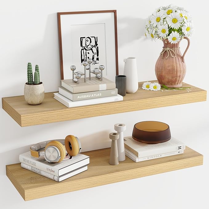 36 Inch Floating Shelves, 11.6 Inch Deep Floating Shelves for Wall, Floating Shelf with Invisible Brackets, Deep Shelves for Bathroom, Bedroom, Living Room, 2 Pack, Natural-Ruum Studio Home