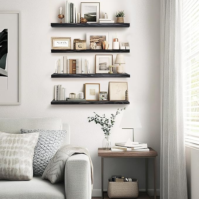 Floating Wall Shelves 4-Pack - Rustic Black 16-inch Wooden Wall Shelves for Storage and Décor, Multi-Functional and Easy to Install for Living Room, Bedroom, and Kitchen-Ruum Studio Home