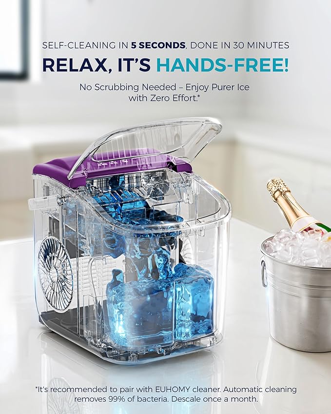 EUHOMY Countertop Ice Maker Machine with Handle, 26lbs Per Day, 9 Ice Cubes Ready in 6 Mins, Auto-Cleaning Portable Ice Maker with Basket and Scoop, for Home/Kitchen/Camping/RV (Purple)-Ruum Studio Home