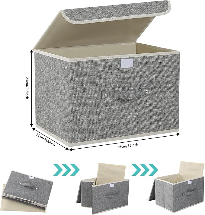 Storage Boxes, Collapsible Storage Bins with Lids, Cotton and linen cloth Storage Baskets with Handle, for Books, Closet, Bedroom, Home, 15x9.8x9.8 in, Grey-Ruum Studio Home