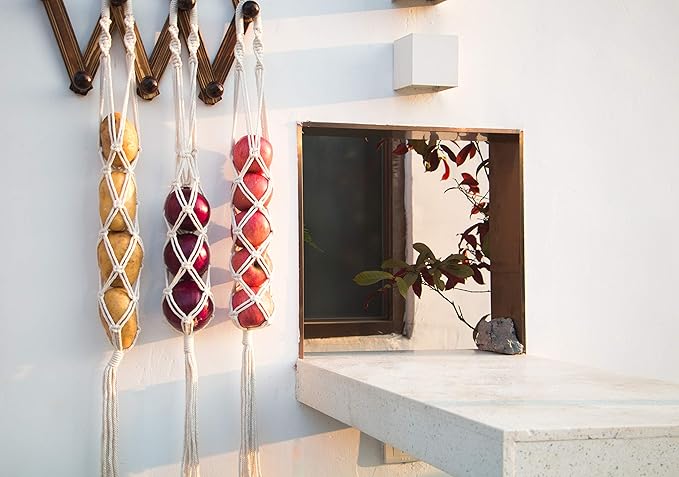 Decocove Hanging Fruit Basket - Boho Basket for Potato, Onion and Fruit Storage - Boho Wall Hanging Decor for Kitchen - Macrame Wall Hanging Basket - Set of 3-Ruum Studio Home