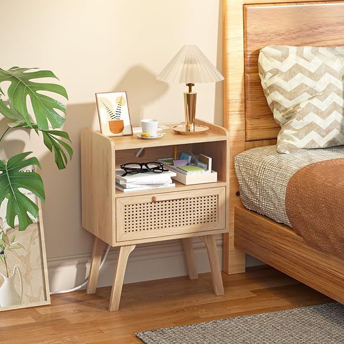 Lerliuo Rattan Nightstand with Charging Station, Boho Night Stand with Handmade Natural Rattan Drawer and Open Shelf, Cane Accent Side End Tables with Solid Wood Legs for Bedroom, Dorm, Small Spaces-Ruum Studio Home