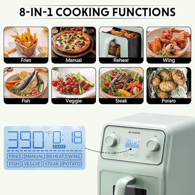 BUYDEEM F51 8-in-1 Air Fryer 4.2QT, Retro Countertop Airfryer Oven with Visible Window, Shake Reminder, One-touch Control with LCD Display, Cozy Greenish-Ruum Studio Home