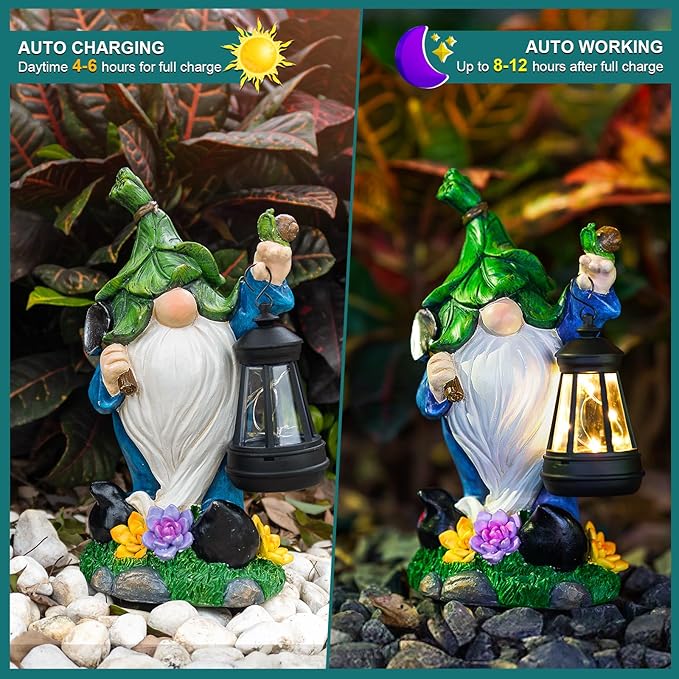 Solar Gnome Garden Figurine Yard Lights with Solar Lights Lantern & Shovel - Outdoor Yard Art Lawn Ornaments for Porch Patio Balcony - Gnome Gifts for Women Mom-Ruum Studio Home