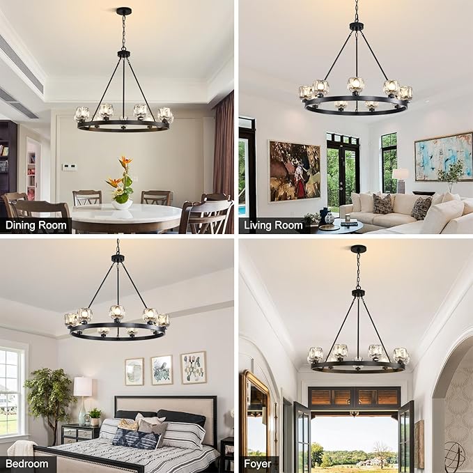 Black Wagon Wheel Chandelier, 36 Inch Black Chandeliers with Unique Glass Shade, 9-Light Crystal Farmhouse Wagon Wheel Chandeliers for Dining Room, Round Chandelier for Living Room, Foyer, Entryway-Ruum Studio Home