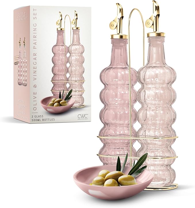 COOK WITH COLOR Glass Olive Oil Bottle Dispenser - 2 Pack- 17oz Oil and Vinegar Cruet - Olive Oil Carafe Decanter for Kitchen-Ruum Studio Home