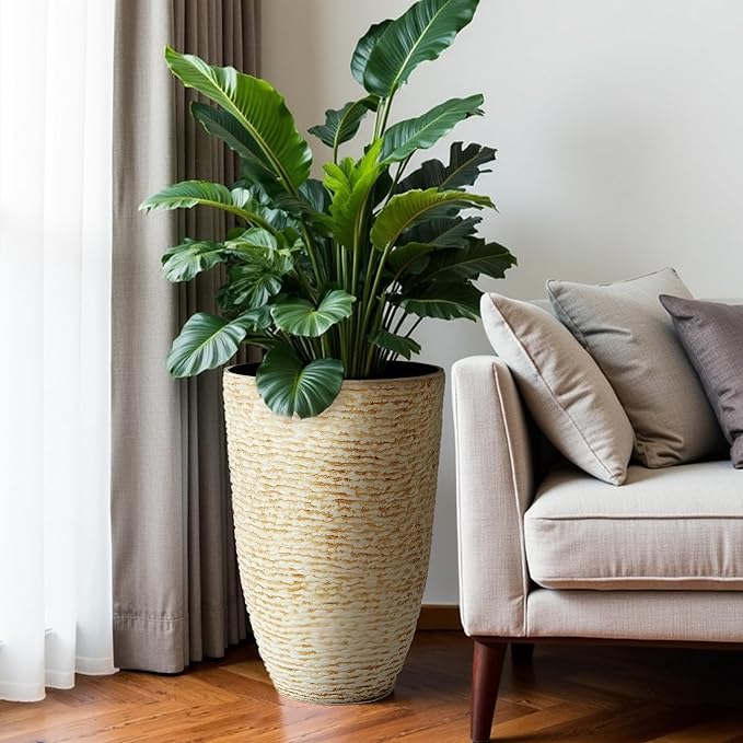Worth 9 Gallon Tall Round Planters Set of 2-14" Dia x 21" H Stone Finish Flower Pots Indoor Decorative Container Garden Patio Unbreakable Beige-Ruum Studio Home