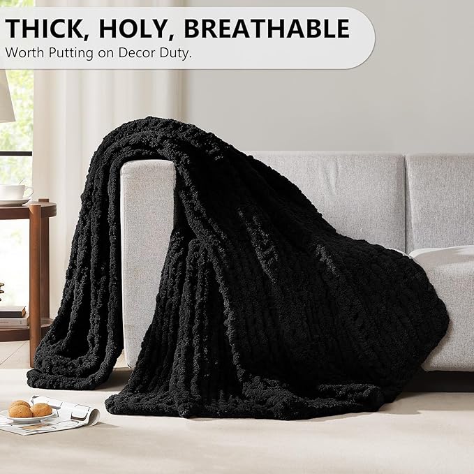 L'AGRATY Chunky Knit Blanket Throw: 80''x90'' Chenille Chunky Knitted Throw Blanket for Bed Couch - Handmade Thick Big Cable Knit Blanket - Large Chunky Crochet Rope Blanket for Home Decor(Black)-Ruum Studio Home