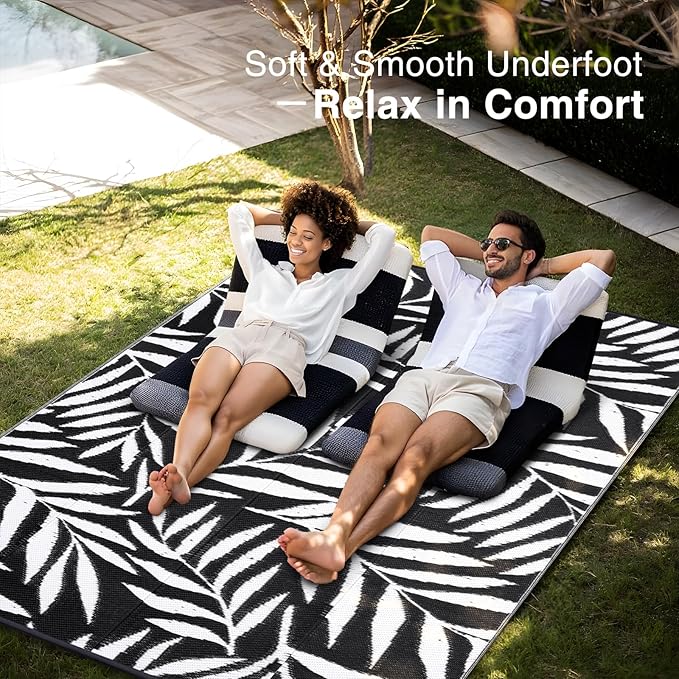 OLANLY Waterproof Outdoor Rug 9x12 ft, Reversible Outdoor Plastic Straw Rug with Leaf Pattern, RV Mat, Indoor Outdoor Carpet for Patio, Camping, Balcony, Deck, Backyard, Black & White-Ruum Studio Home