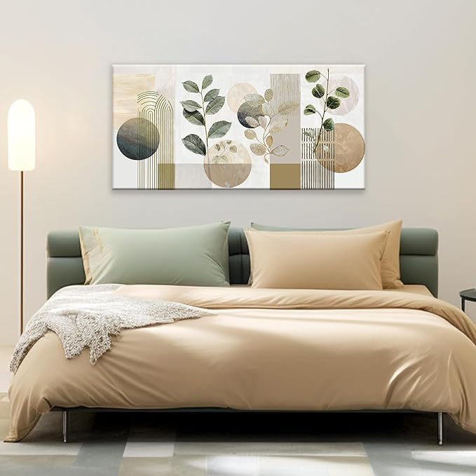 TAIJXAGSG Green Boho Wall Art Minimalist Canvas Wall Art Decor Geometric Line Leaf Beige Green Wall Art Canvas Artwork Print Paintings Abstract Art Botanical Boho Room Office Home Wall Decor 20"X 40"-Ruum Studio Home
