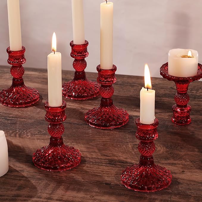 12Pcs Red Candlestick Holders Set- 4" H Taper Candle Holders Bulk, Glass Candle Holders for Activities, Party, Romantic Dinner Table Centerpieces, Festival Gifts & Windowsill Decor-Ruum Studio Home