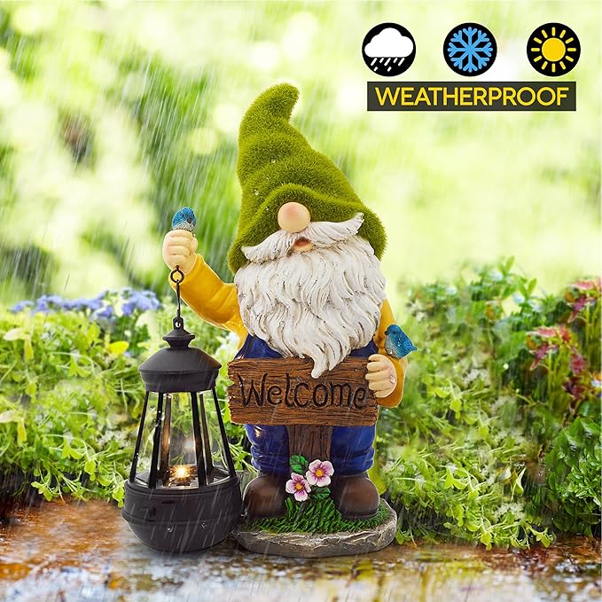 Garden Gnomes Outdoor - Flocked Gnome Statue Holding Lantern with Solar LED Lights | Gnomes Garden Decorations for Patio, Yard, Lawn Ornaments - Gnome Gifts-Ruum Studio Home