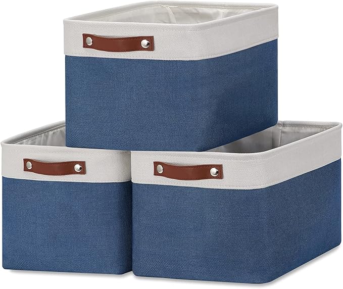 DULLEMELO Fabric Storage Bins, Foldable Storage Baskets for Organizing, Empty Gift Baskets (3-Pack Medium-15 inch X 11 inch X 9.5 inch , White&Blue)-Ruum Studio Home