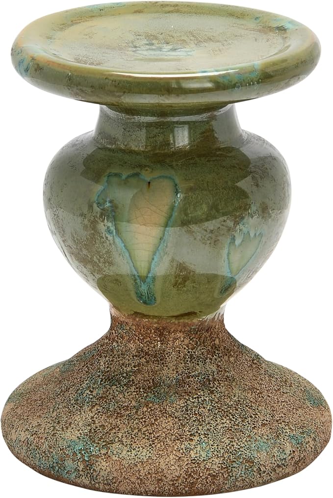 Creative Co-Op 2-Tone Sculptural Terracotta Pillar Candle Holder, Distressed Green-Ruum Studio Home
