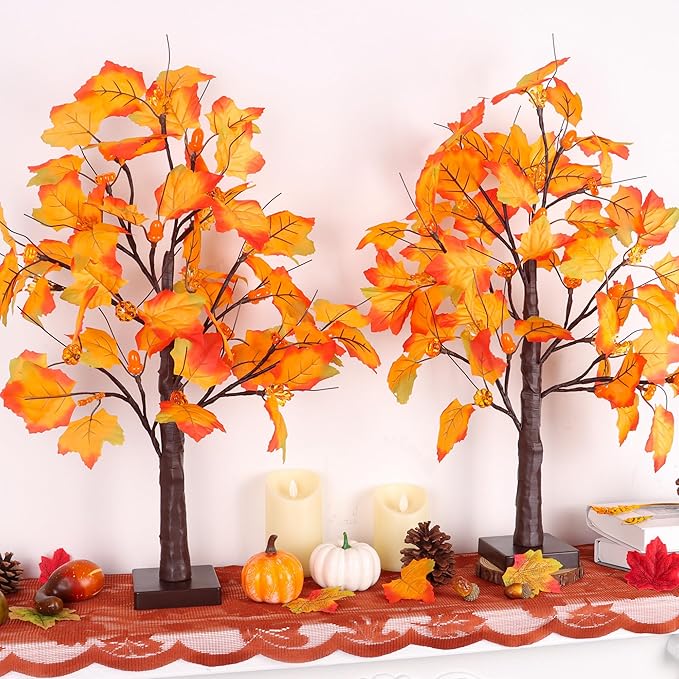2 Pack 24 Inch Prelit Fall Maple Tree Fall Decor with 48 LED Timer Battery Operated Artificial Fall Light Up Tree Pumpkin Maple Acorn for Fall Thanksgiving Decorations Table Home Indoor Autumn Harvest-Ruum Studio Home