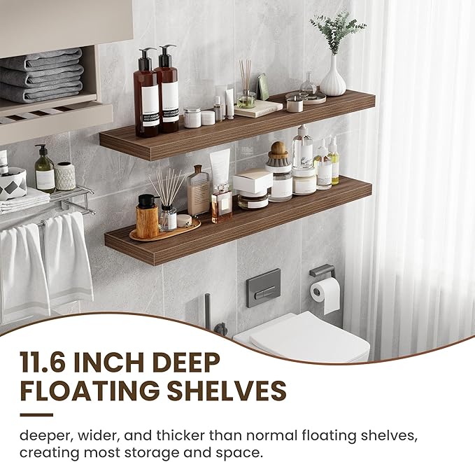 48 Inch Floating Shelves, 12 Inch Deep Floating Shelves for Wall, Floating Shelf with Invisible Brackets, Deep Shelves for Bathroom, Bedroom, Living Room, 1 Pack, Walnut-Ruum Studio Home