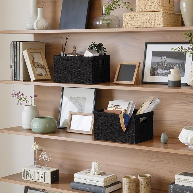 StorageWorks Pantry Baskets, Wicker Storage Baskets for Organizing, Bathroom Shelves, Pantry Organizers and Storage, Medium, Black, 2-Pack-Ruum Studio Home