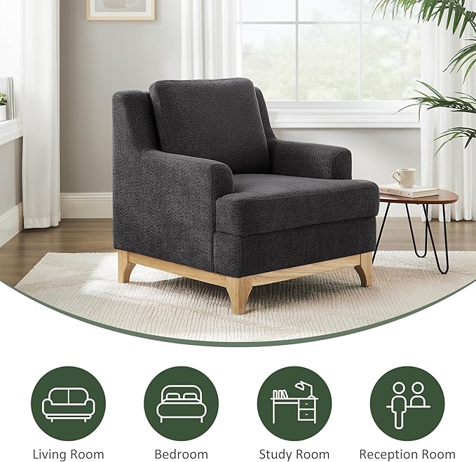 Oversized Accent Chair, Modern Boucle Armchair with Wood Legs, Modern Reading Chair with Thick Cushion, Comfy Chairs for Living Rooms, Bedrooms, Reading nooks and Apartments-Ruum Studio Home
