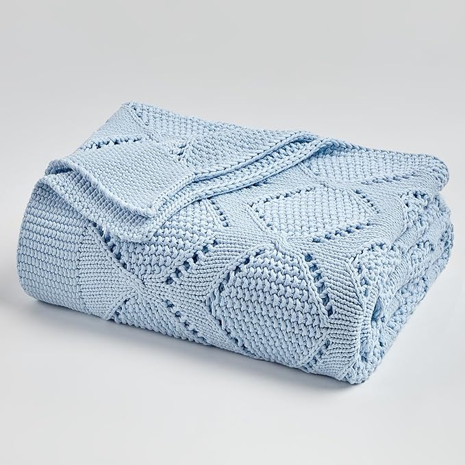 Longhui bedding Chunky Cotton Knit Throw Blanket for Couch, Sofa, Bed, or Chair, Decorative Breathable Fall Cable Knit Blanket 51 x 63 Inches, Light Blue-Ruum Studio Home