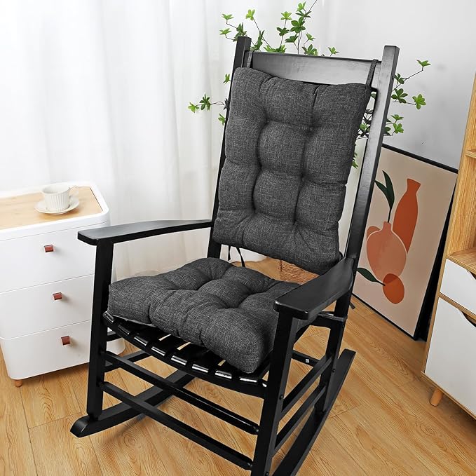 BUYUE Chair Cushion Set for Rocking Chair, Back Pillow & Seat Cushion with Ties, Original Woven Fabric Non-Slip Chair Pads for Elderly Sitting, Dark Gray-Ruum Studio Home