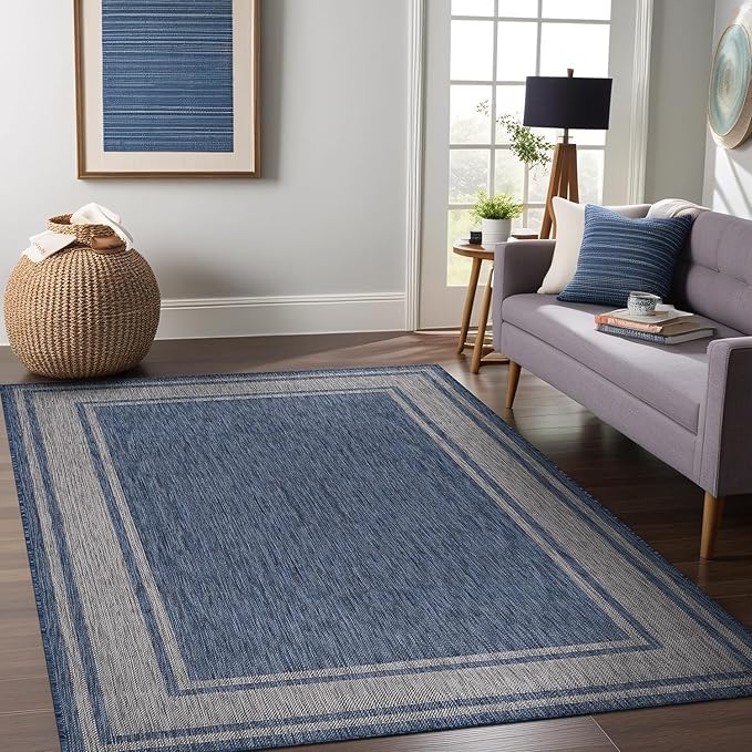 Beverly Rug Large Outdoor Rug 10x14 Modern Bordered Area Rugs for Indoor and Outdoor Patio Deck Porch Garden Waterproof Weather Sun Resistant Washable Outside Carpet (10 x 14 Navy)-Ruum Studio Home