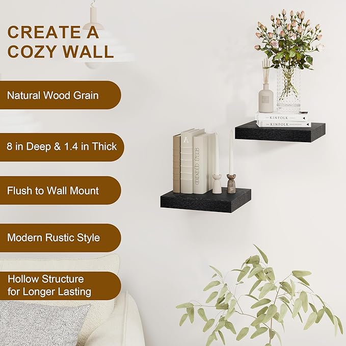 Fun Memories Black Floating Shelves 8 Inch Long, 8" Deep Wall Shelves, Small Deep Floating Shelf Square Wall Shelf, Rustic Display Shelves for Living Room, Bathroom, Kitchen, Set of 2-Ruum Studio Home
