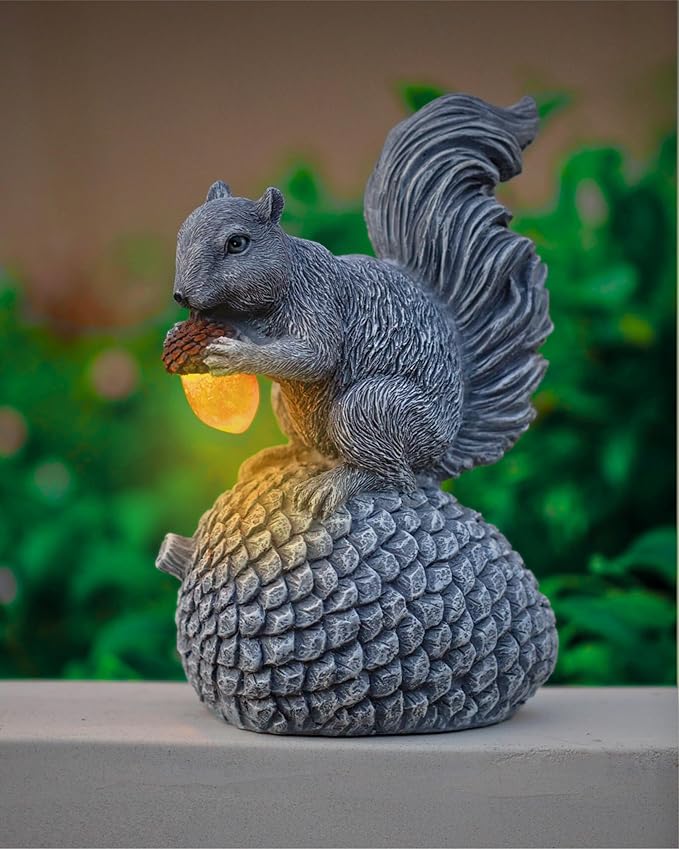 Solar Garden Statue – Hand-Painted Resin Squirrel on Pinecone with Glowing LED Acorn – Charming Yard, Patio & Balcony Decor – Gift for Mom, Grandma & Garden Lovers-Ruum Studio Home