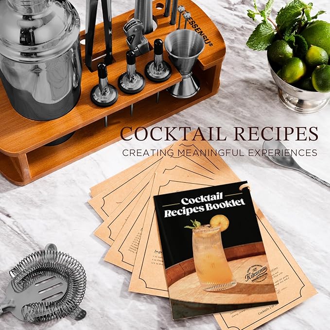 KITESSENSU Cocktail Shaker Set Bartender Kit with Stand | Bar Set Drink Mixer Set with All Essential Bar Accessory Tools: Martini Shaker, Jigger, Strainer, Mixer Spoon, Muddler, Liquor Pourers | Black-Ruum Studio Home