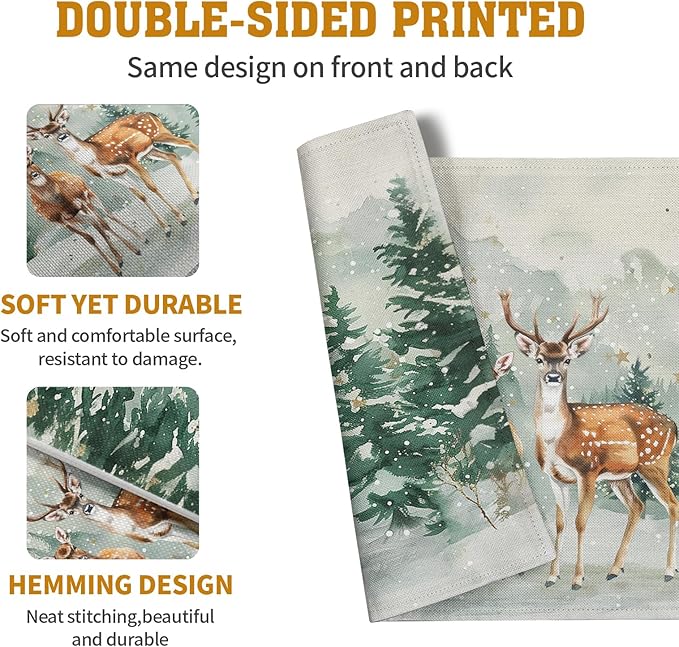 Christmas Watercolor Deer Trees Snowflakes Placemats Set of 4 Winter Rustic Nature Forest Linen Table Mat 12x18 Inch Seasonal Farmhouse Washable Place Mats for Dining Table Kitchen Xmas Decor-Ruum Studio Home
