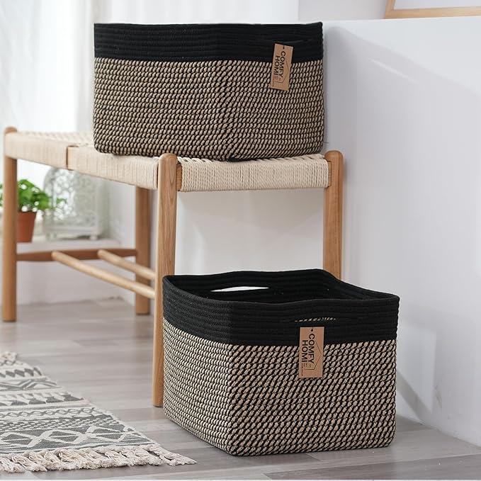 COMFY-HOMI Cotton Rope Woven Basket with Handles for Shelves,Toys,Book, Cloth Storage Baskets Bin for Organizing-13.5"x11"x9.5" Toy Decorative Organizer for Living Room, Bathroom-Black/Jute-Ruum Studio Home