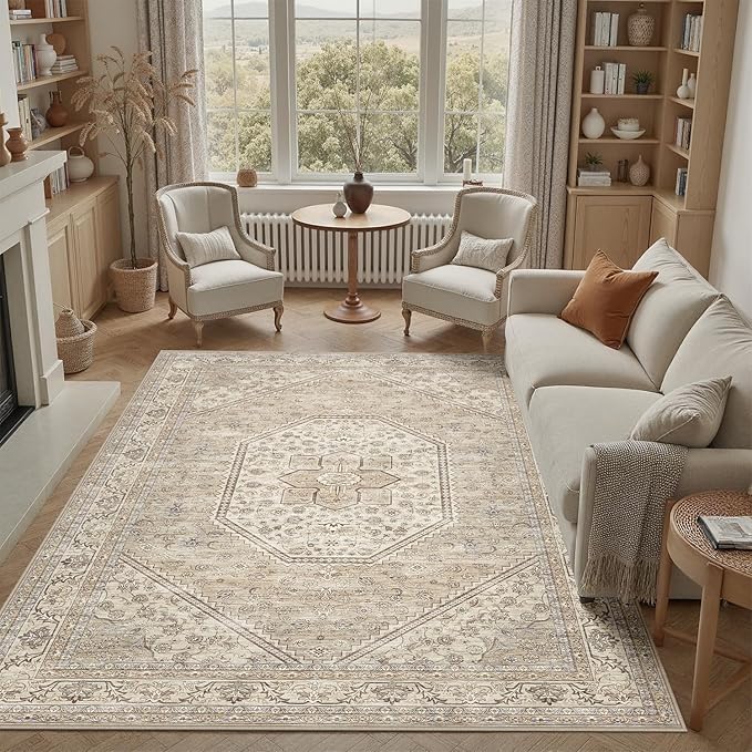DCX Machine Washable Brown and Beige Area Rug 8x10, Non Slip Stain Resistant Vintage Floral Rug for Living Room Bedroom Nursery, Soft Low Pile Large Carpet-Ruum Studio Home