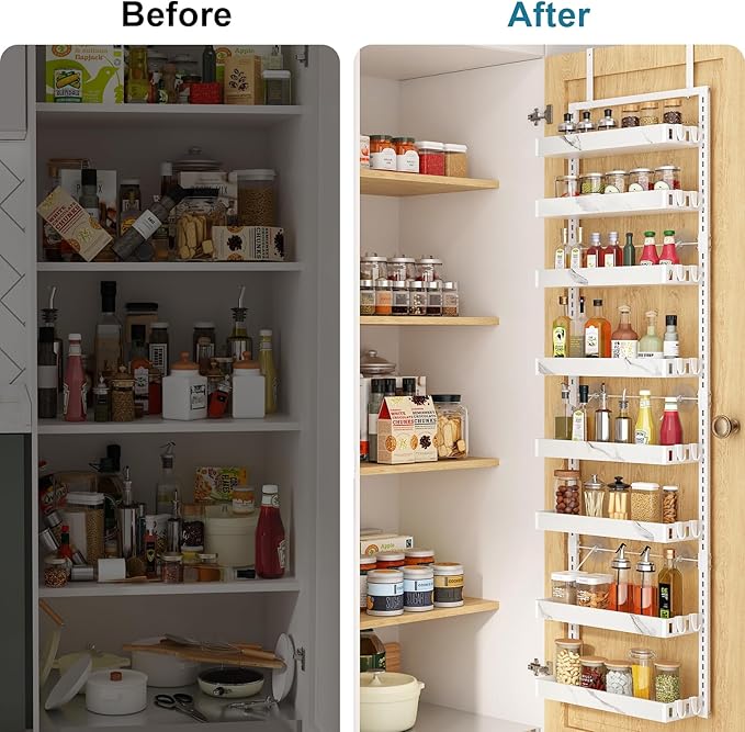 bukfen Over the Door Pantry Organizer,8-Tier Adjustable Basket Kitchen Pantry Door Organization and Storage, Heavy-Duty Metal Hanging Kitchen Spice Rack,D6.3 x W17.32 x H66.93 inch,White Marble Color-Ruum Studio Home