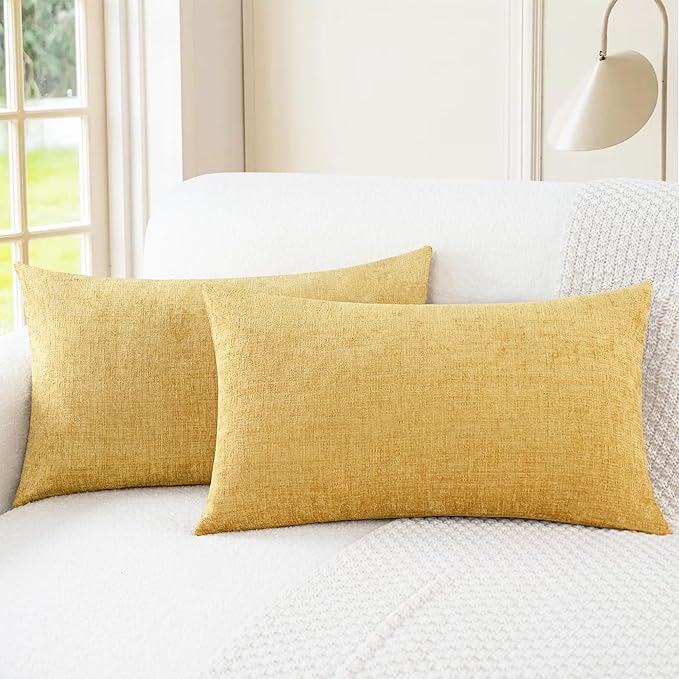 CaliTime Throw Pillow Covers Decorative 12 X 20 Inches Pack of 2 Cozy Chenille Cushion Cases for Couch Sofa Bed Living Room Home Gold-Ruum Studio Home