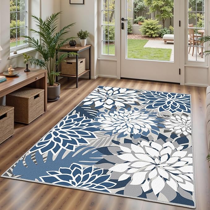 Area Rug 3x5 Blue White Washable Entry Rug Multicolored Tropical Botanical Modern Floral Indoor Kitchen Door Mat Entrance Carpet Non Slip for Bedroom Living Room, Porch-Ruum Studio Home