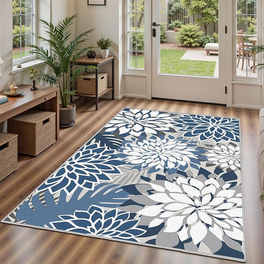 Area Rug 3x5 Blue White Washable Entry Rug Multicolored Tropical Botanical Modern Floral Indoor Kitchen Door Mat Entrance Carpet Non Slip for Bedroom Living Room, Porch-Ruum Studio Home